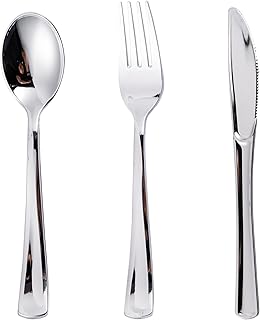 N9R 300PCS Silver Plastic Silverware Set, 100 Forks, 100 Spoons, 100 Knives, Heavy Duty Disposable Cutlery for Parties, Fancy Disposable Flatware for Weddings, and Daily Use