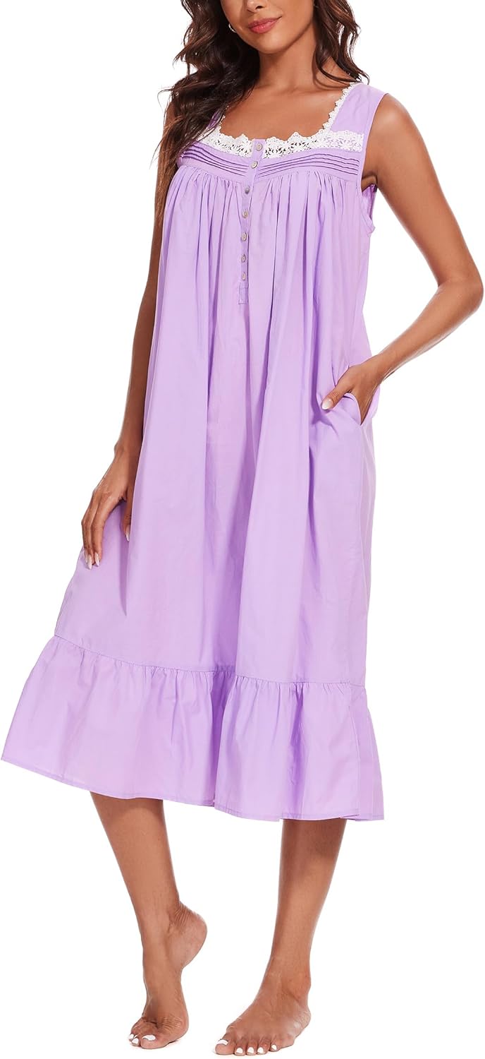 AVIIER 100% Cotton Nightgown with Pockets for Women