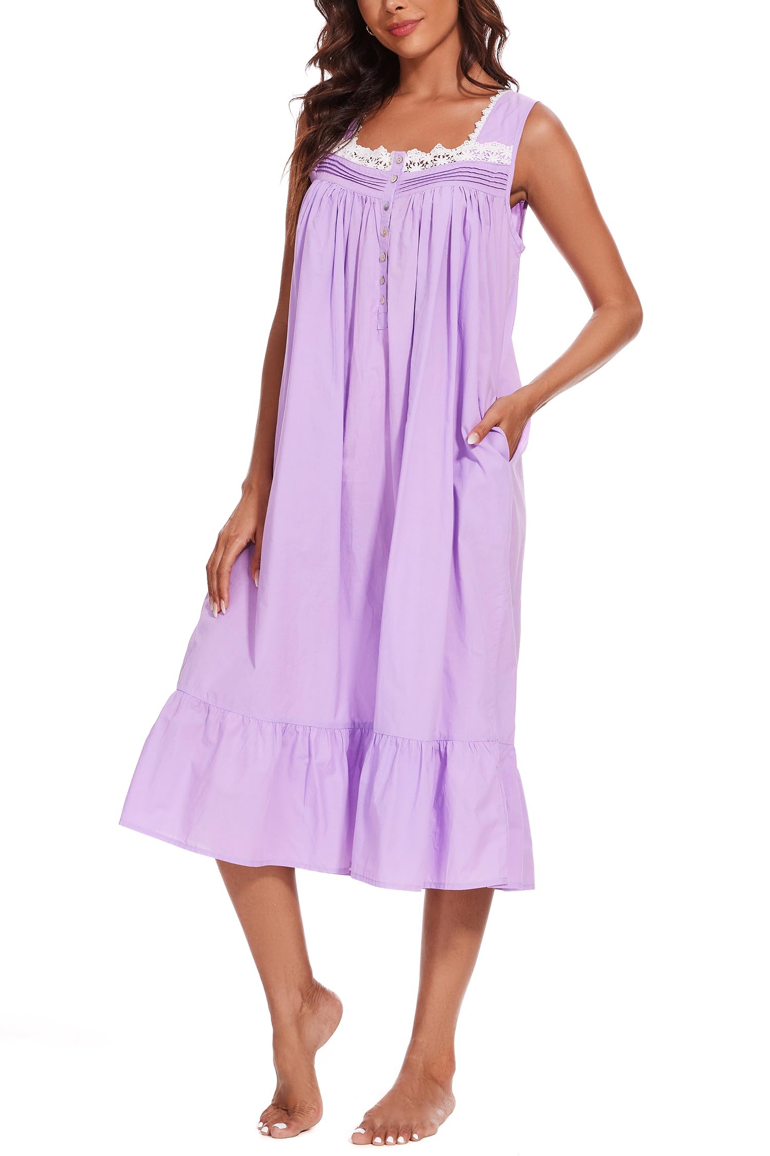 AVIIER 100% Cotton Nightgowns for Women Sleeveless Sleep Dress Ladies Gowns Sleepwear with Pockets