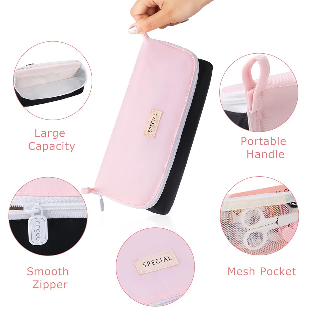 Oyachic Wide Open Pencil Case Flip-Top Large Pencil Pouch Pen Holder Bag Office Stationery Asthetic Supply Organizer Marker Zipper for Adults (Pink) - Image 2