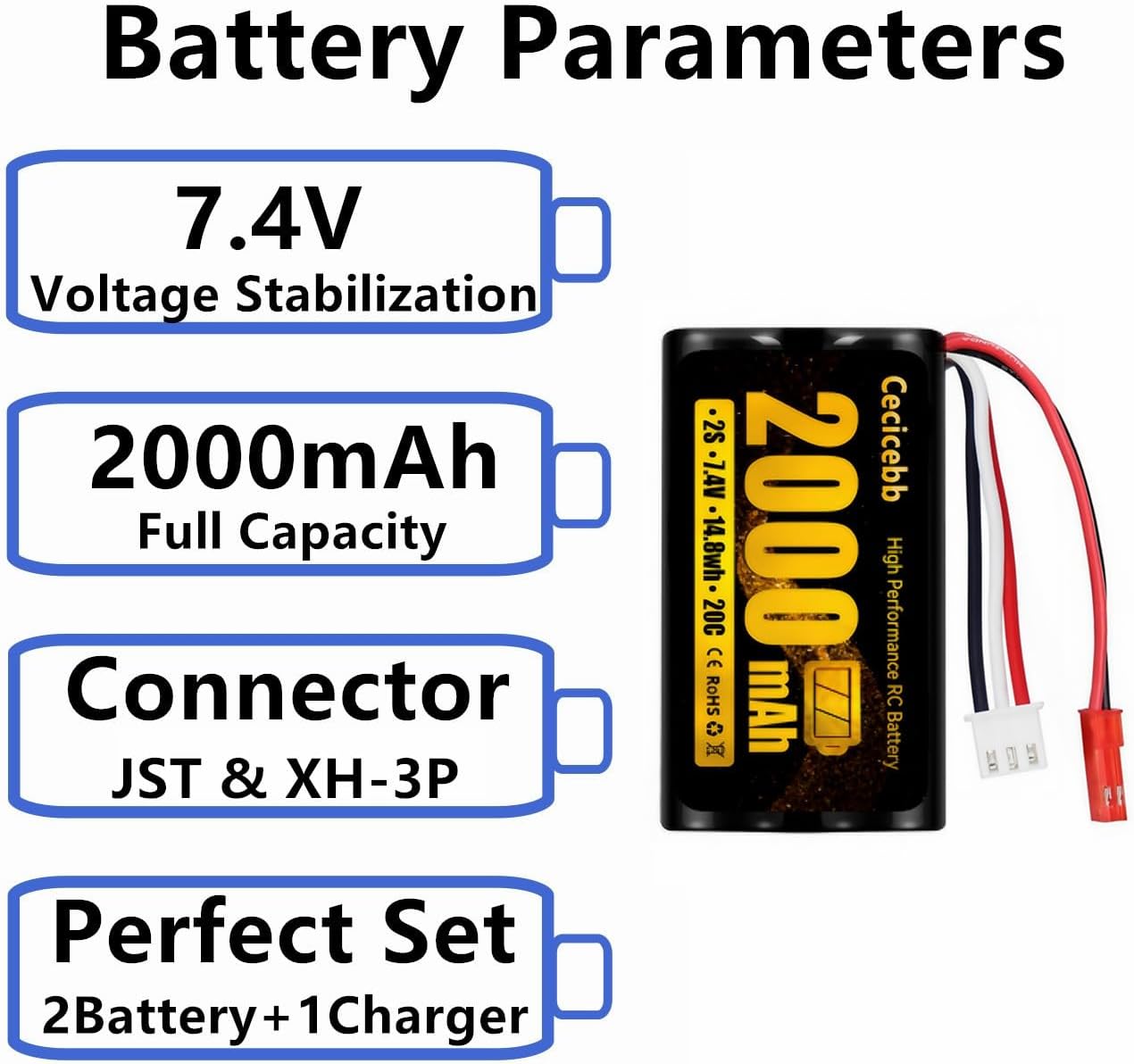 2000mAh 7.4V Li-ion Battery with JST Plug 2S Rechargeable RC Battery Fit for RC Helicopter Car Truck RC Boats Drone Airsoft Water Ball Blaster with 7.4V USB Charger
