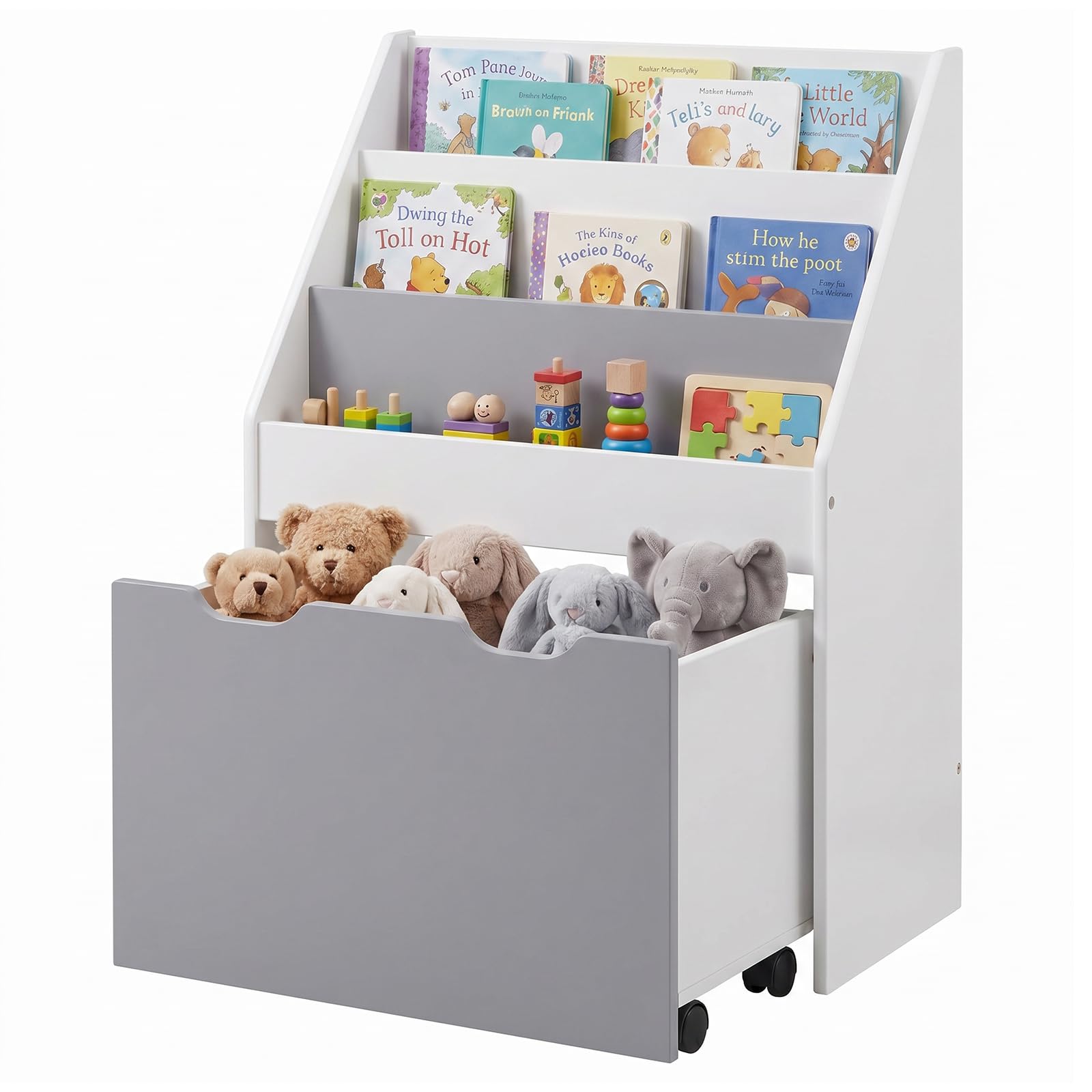 WOLTU Étagère à Livres pour Enfants Bibliothèque en MDF Boîte de Rangement avec 3 Compartiments et 4 roulettes intérieurs, Gris et Blanc