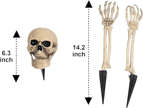 Miniatura 5 de JOYIN Decoración de Halloween al aire libre de tamaño real con luces de esqueleto, estaca de patio con calavera iluminada para Halloween, jardín,