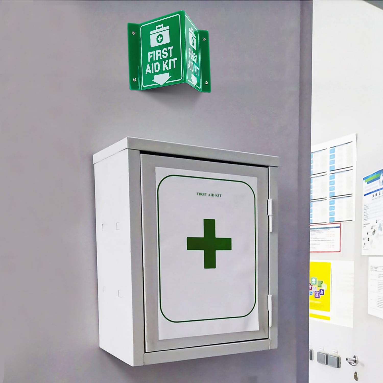 T&R Kit di primo soccorso, kit di primo soccorso con freccia verso il basso, confezione da 4, 20,3 x 15,2 cm, acrilico, 4 fori preforati, include viti abbinate, uso per ufficio/lavoro