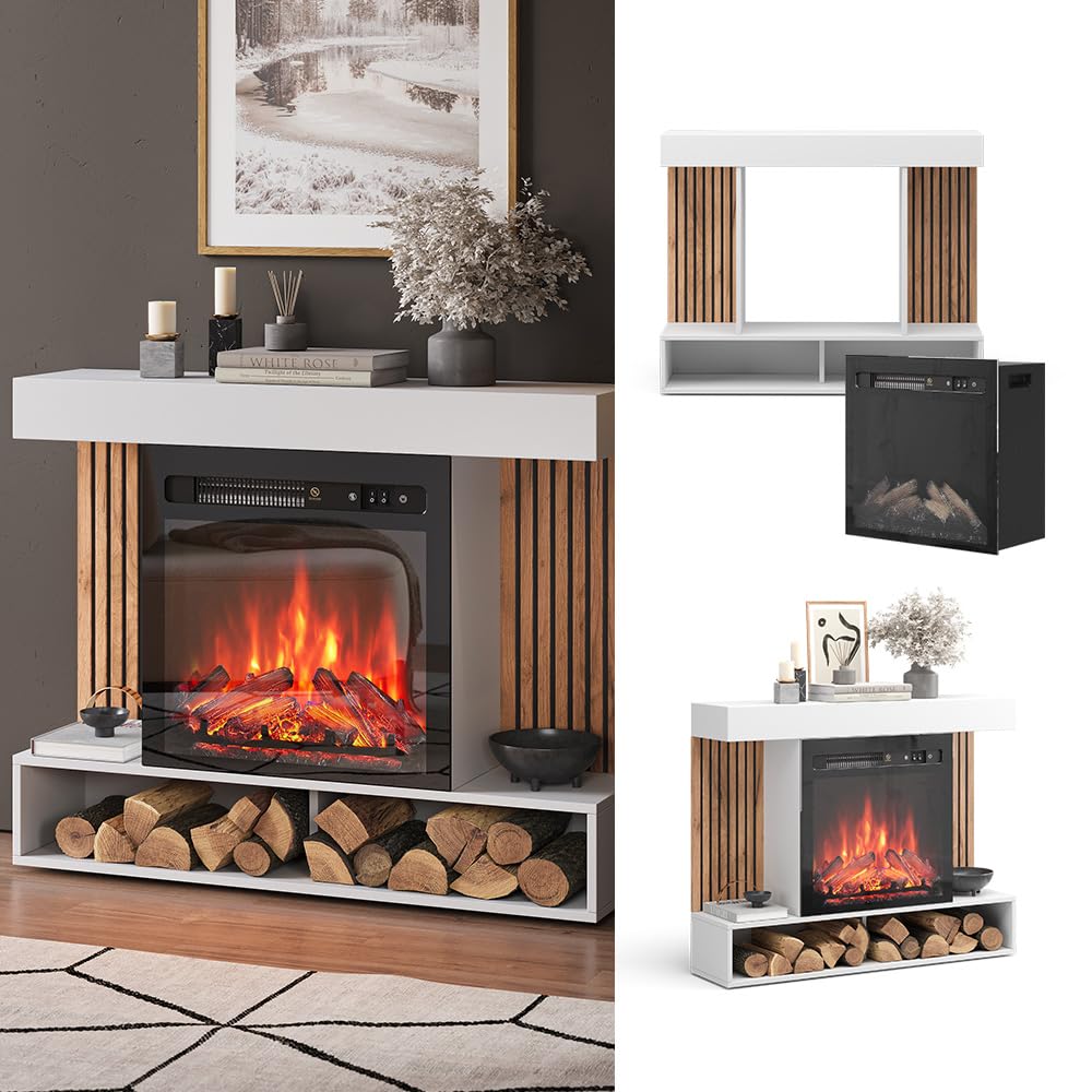 Vicco Caminetto elettrico "Lynea", Bianco, 100 cm | con effetto fiamma realistico e riscaldatore da 1800W, utilizzabile a parete o autoportante