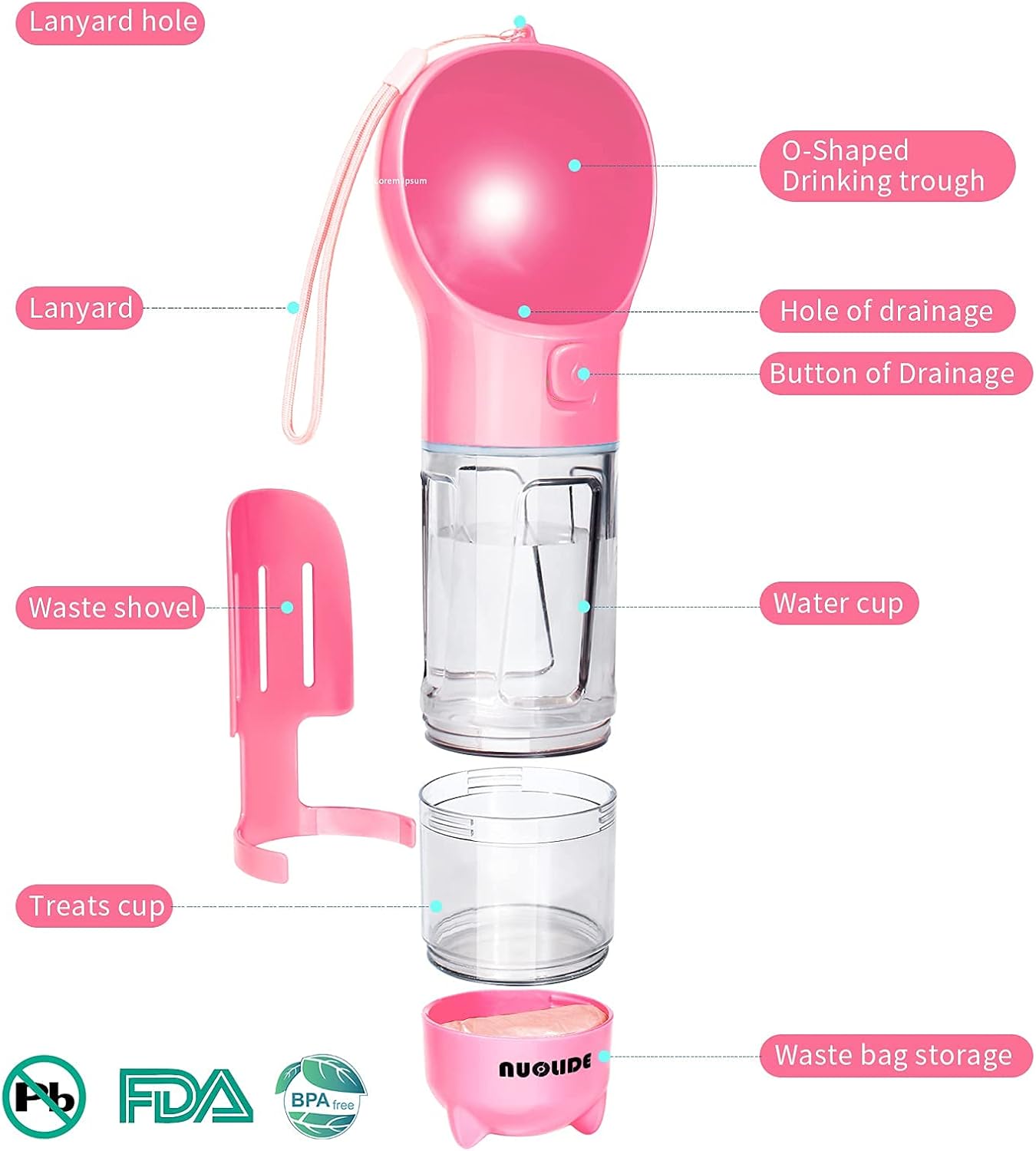 Pet Supplies : NUOLIDE Dog Water Bottles for Walking, 4 in 1 Portable Pet Water Bottle Dispenser Leakproof Dog Travel Water Bottle with Food Container & Waste Bag, Dog Accessories for Outdoor Hiking,19OZ (Pink) : 