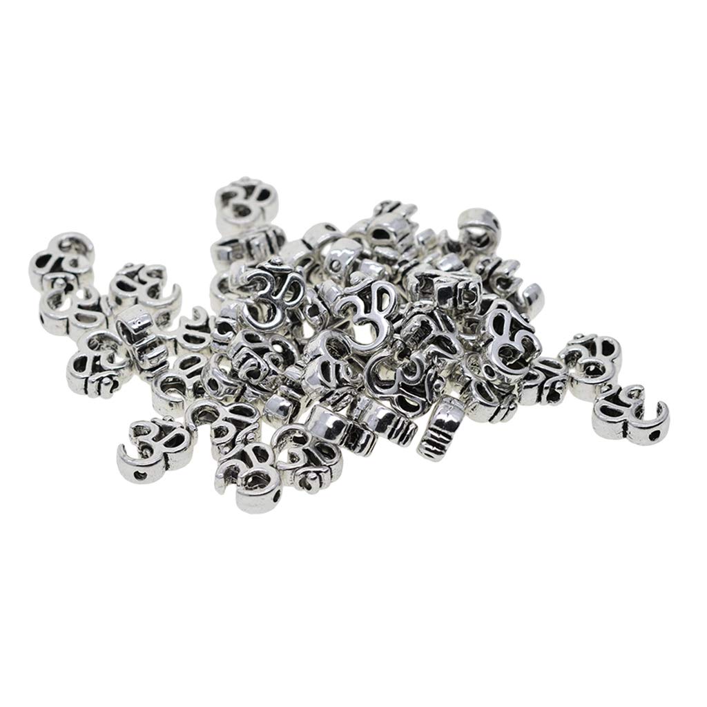Hellery Silver 50Pcs Yoga Om Charms Pendant Vintage Spacer Berads Bulk For Diy Jewelry Making Crafting Fit Necklace Bracelet Spacers Dangle Beads