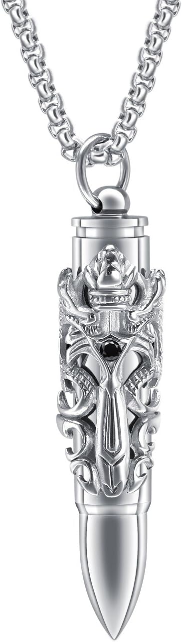 JC Fashion Jewelry Mens Stainless Steel Can Open Bullet Design Storage Container Pendant Necklace with Free Chain (Silvery)