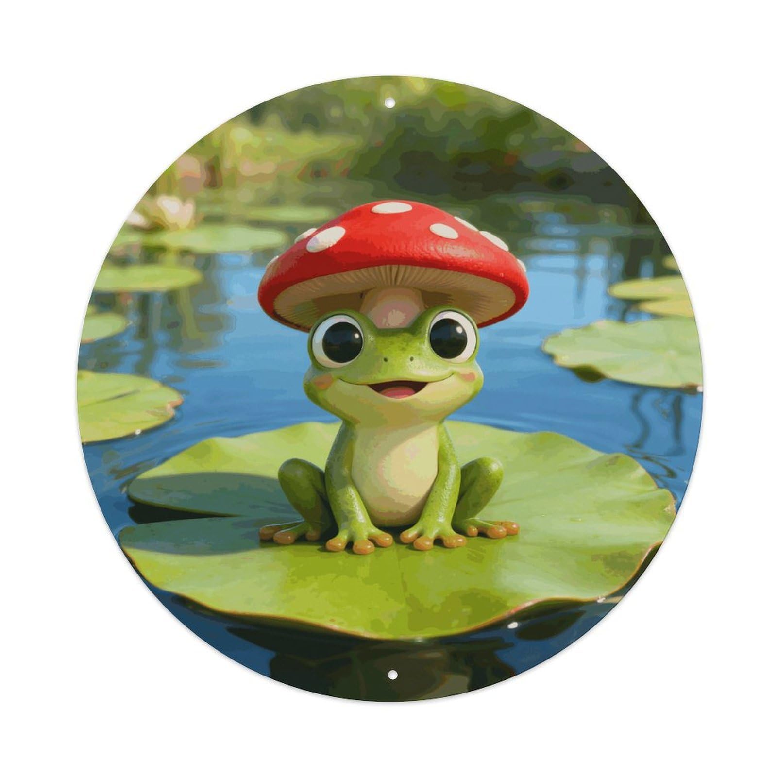 LZQPOEAS Cute Frog Red Mushroom Round Aluminum Wall Art Sign, Metal Indoor Wall Decor with Holes, Durable Circular Aluminum Plaque for Home, Bar, Cafe, Living Room, And Office Decoration
