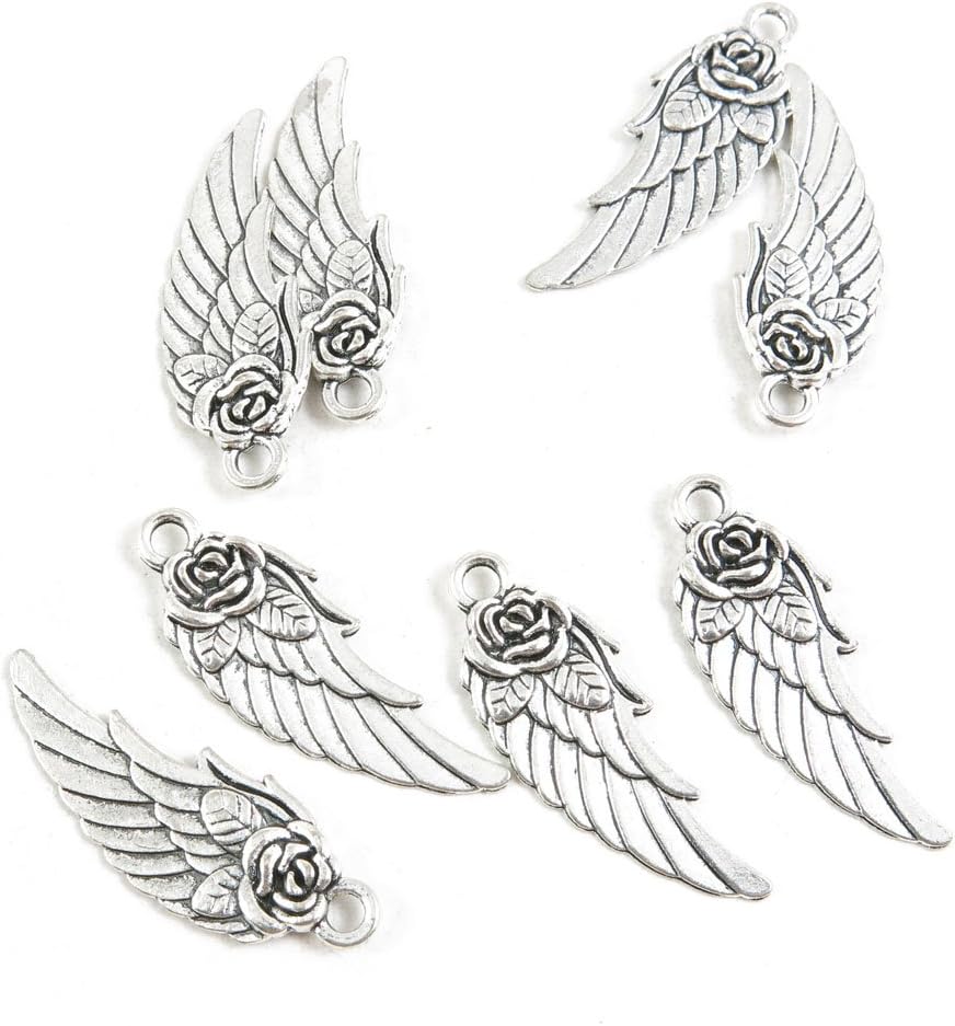 250 Pieces Antique Silver Tone Jewelry Making Charms Supply ZY0788 Rose Angel Wing