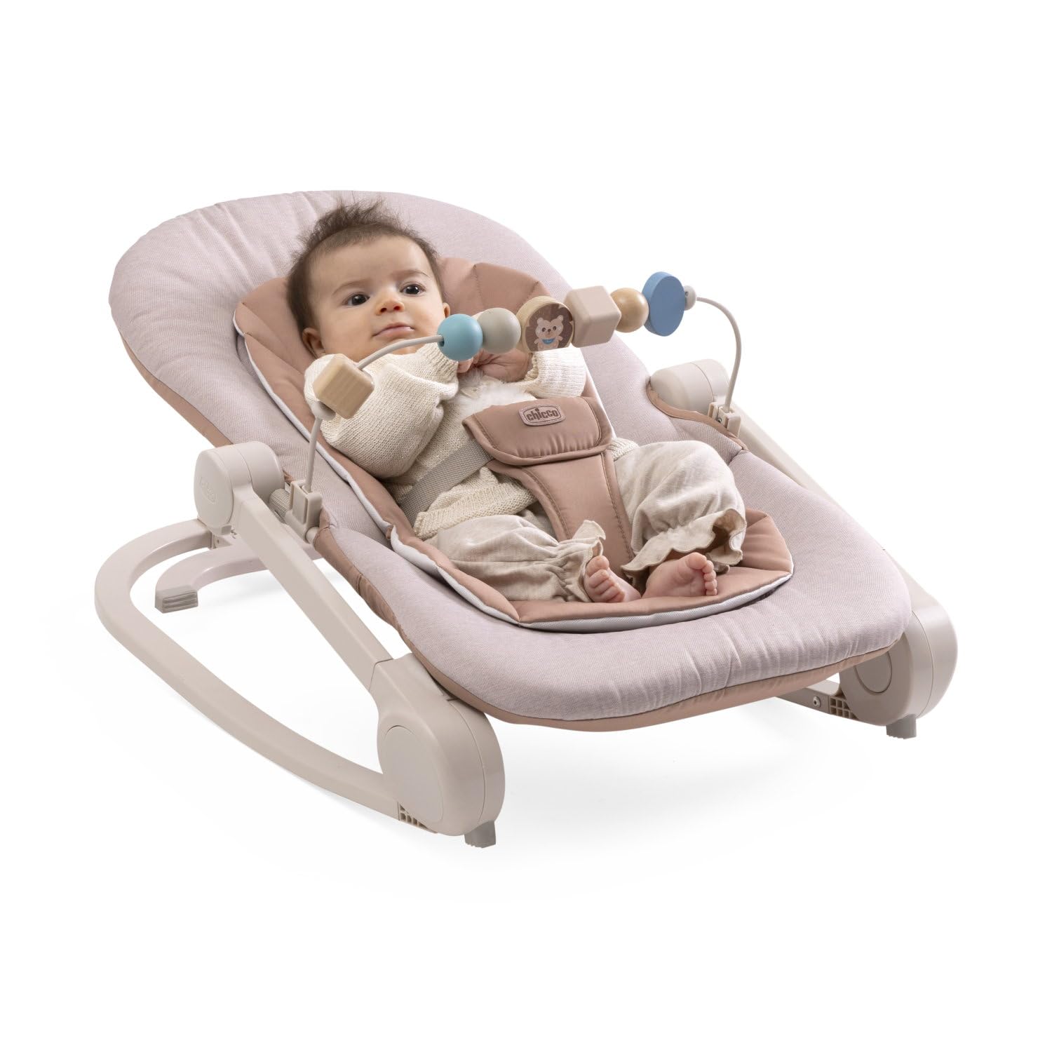Chicco Transat Magia 2-en-1 : Transat Nouveau-né et Première Chaise jusqu’à 18 kg, Barre de Jeux avec Éléments en Bois, Mini Réducteur Inclus, Mode Balancelle ou Fixe et Dossier Réglable