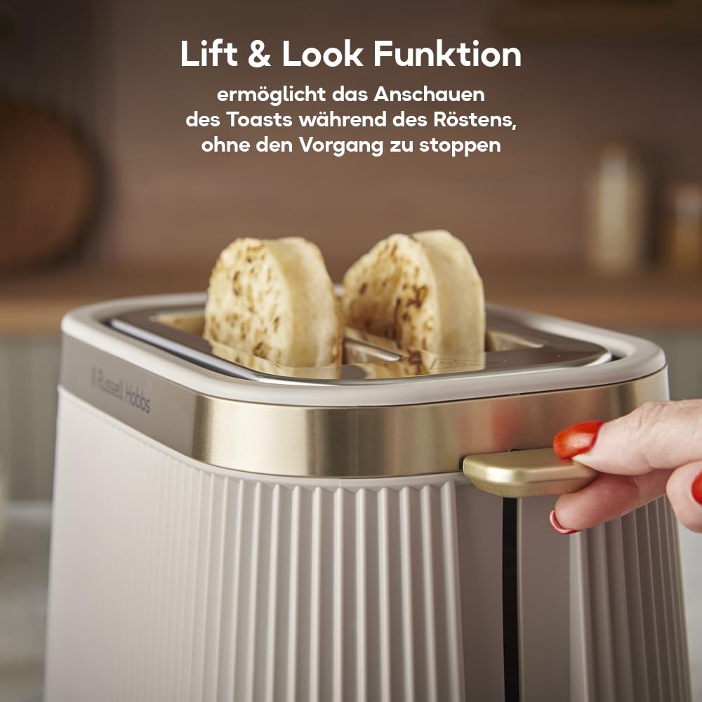 Russell Hobbs Toaster [für 2 Scheiben] Brontë Stone (6 Bräunungsstufen, Mattes Finish, Goldakzente, Lift & Look, Auftaufunktion, Aufwärmfunktion, Stop- & Hebefunktion, Brötchenaufsatz) 26761-56