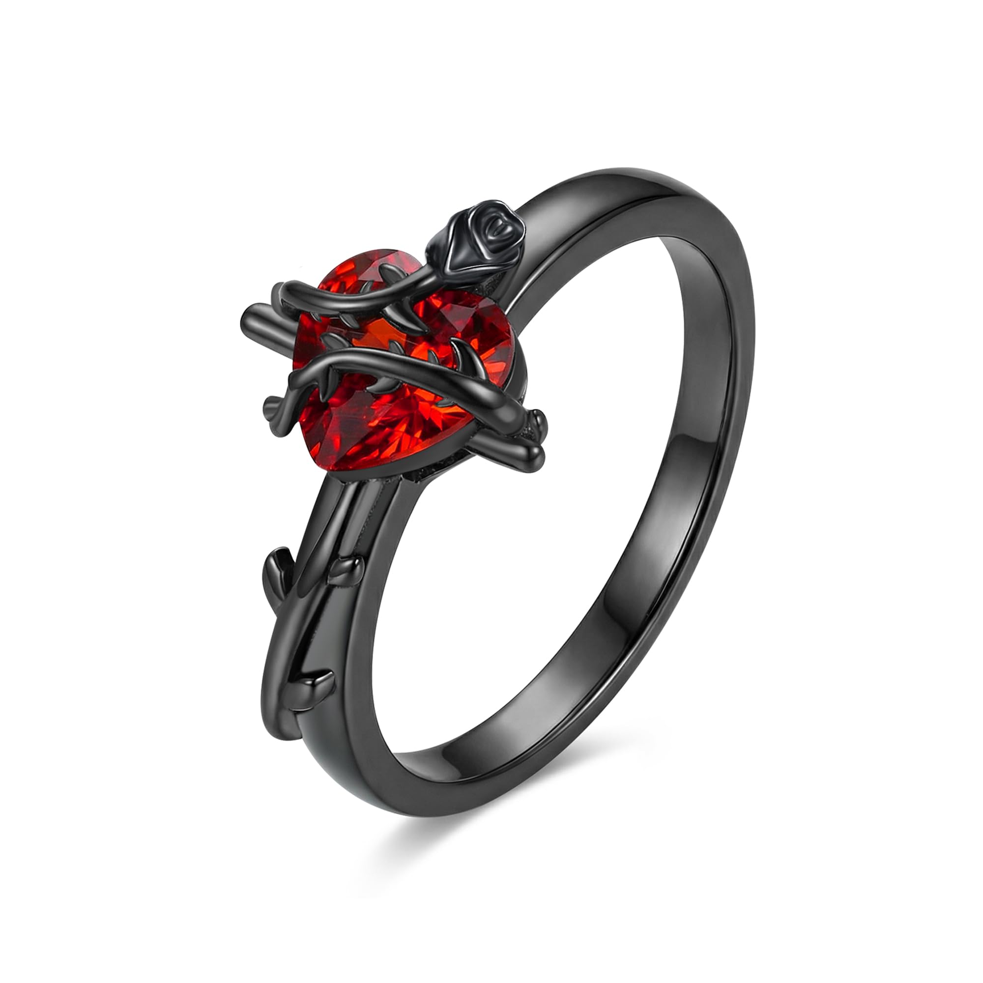 DAYLINLOVE Anillo de rosa negra de plata de ley 925 con cruz gótica de corazón rojo, anillo de rosa gótica, regalo para mujeres, niñas, 7