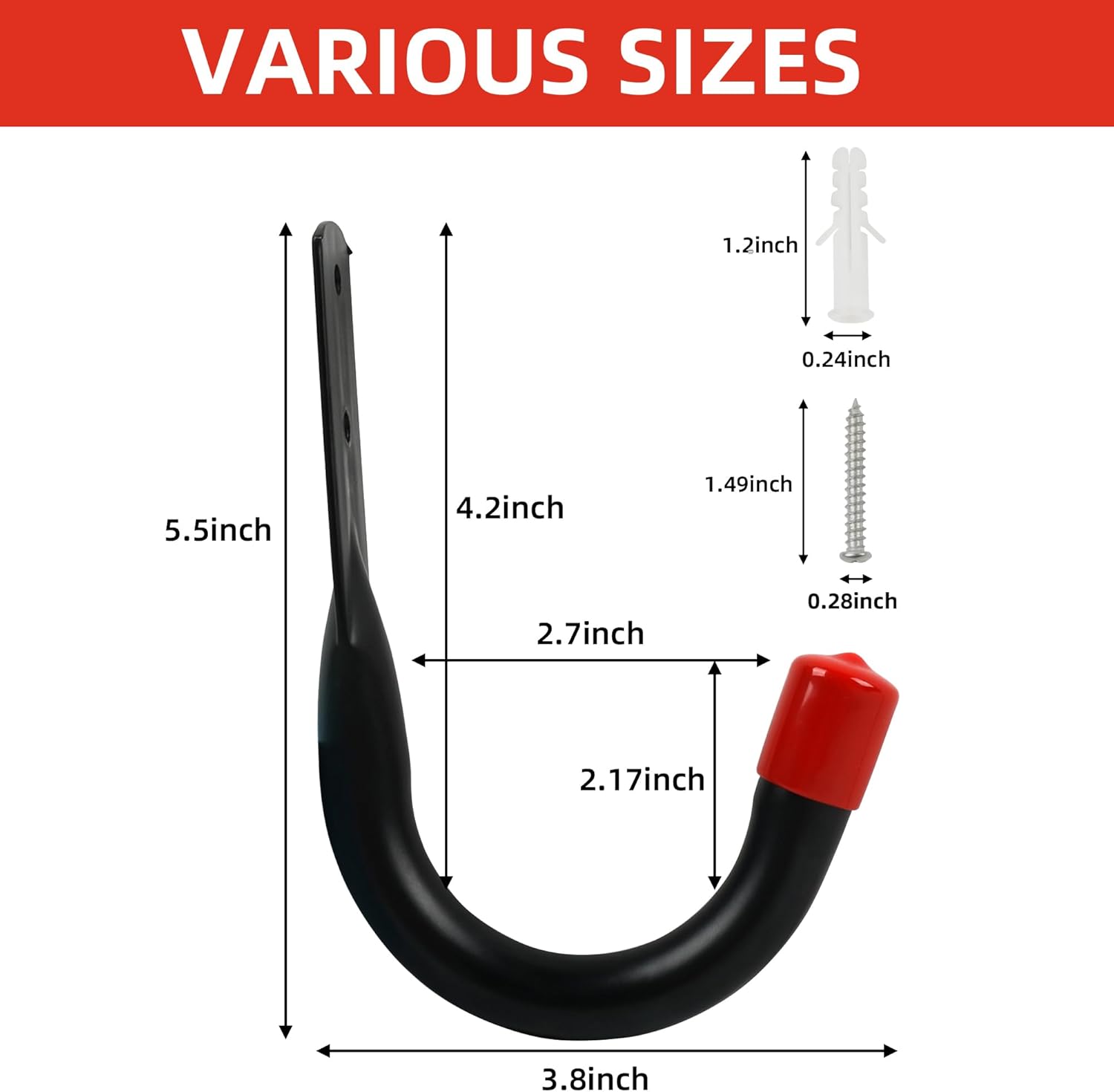 6 PCS Heavy Duty Garage Wall Hooks for Hanging, Loading Capacity 200 LBS for Storage Hooks, 3.8inch Hanging Hook for Garage Organization,Wall Mount Utility J Hook with Wall Anchors and Screws