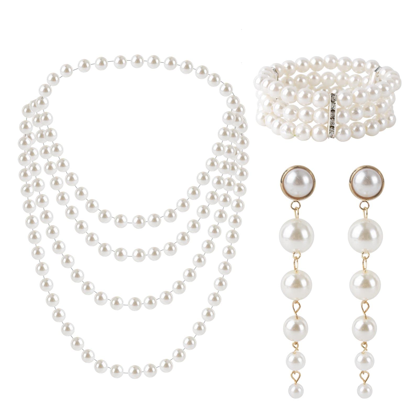 AWAVMFaux Pearl Set - Long Dangle Earrings, 3 Row Stretch Bracelet, 1920 Pearl Necklace - Party Prom Wedding Festival Set (3 PCS)
