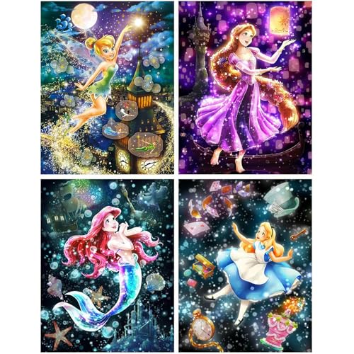 ARPADAMO 4 Pack Princess Diamond Art 5D Princess Diamond Art Kits for Adults DIY Full Drill Diamond Painting Kit Home Wall Decor Diamond Painting(12x16 Inch)