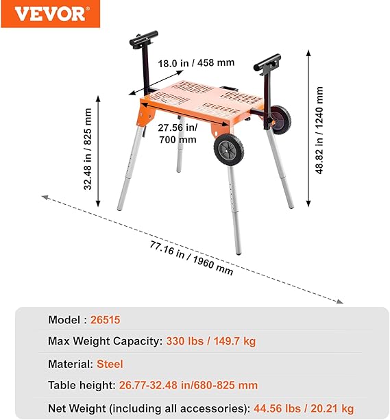 VEVOR Miter Saw Stand with Tabletop and Wheels, 330lbs Load Capacity Steel Collapsible Rolling Stand for Miter Saw, Adjustable Height and Length, Portable Compact and Folding Miter Saw Stand