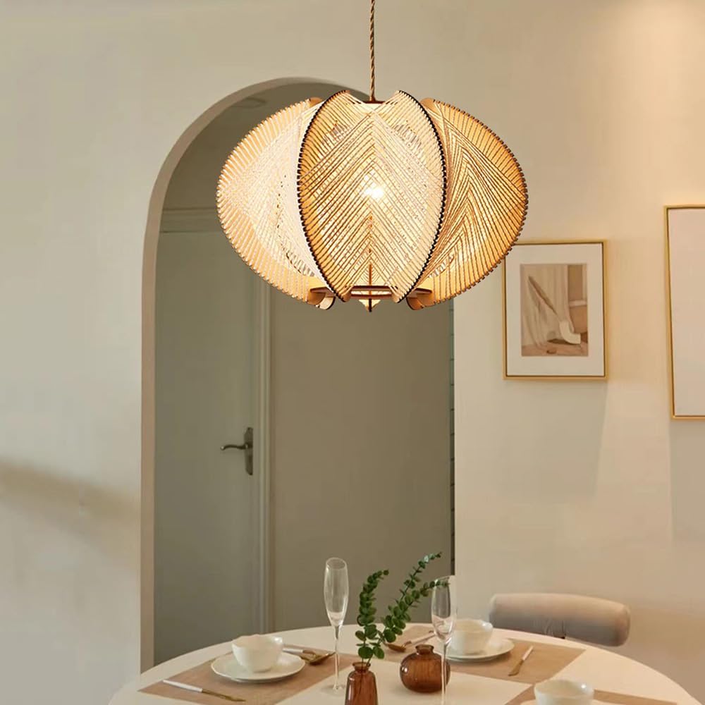 LYMSXAZOU Decoration Coastal Rattan Hemp Rope Chandelier Pendant Light Fixture Hand-Woven Cage Basket Ceiling Hanging Lamp V-intage Rustic Lantern Lighting