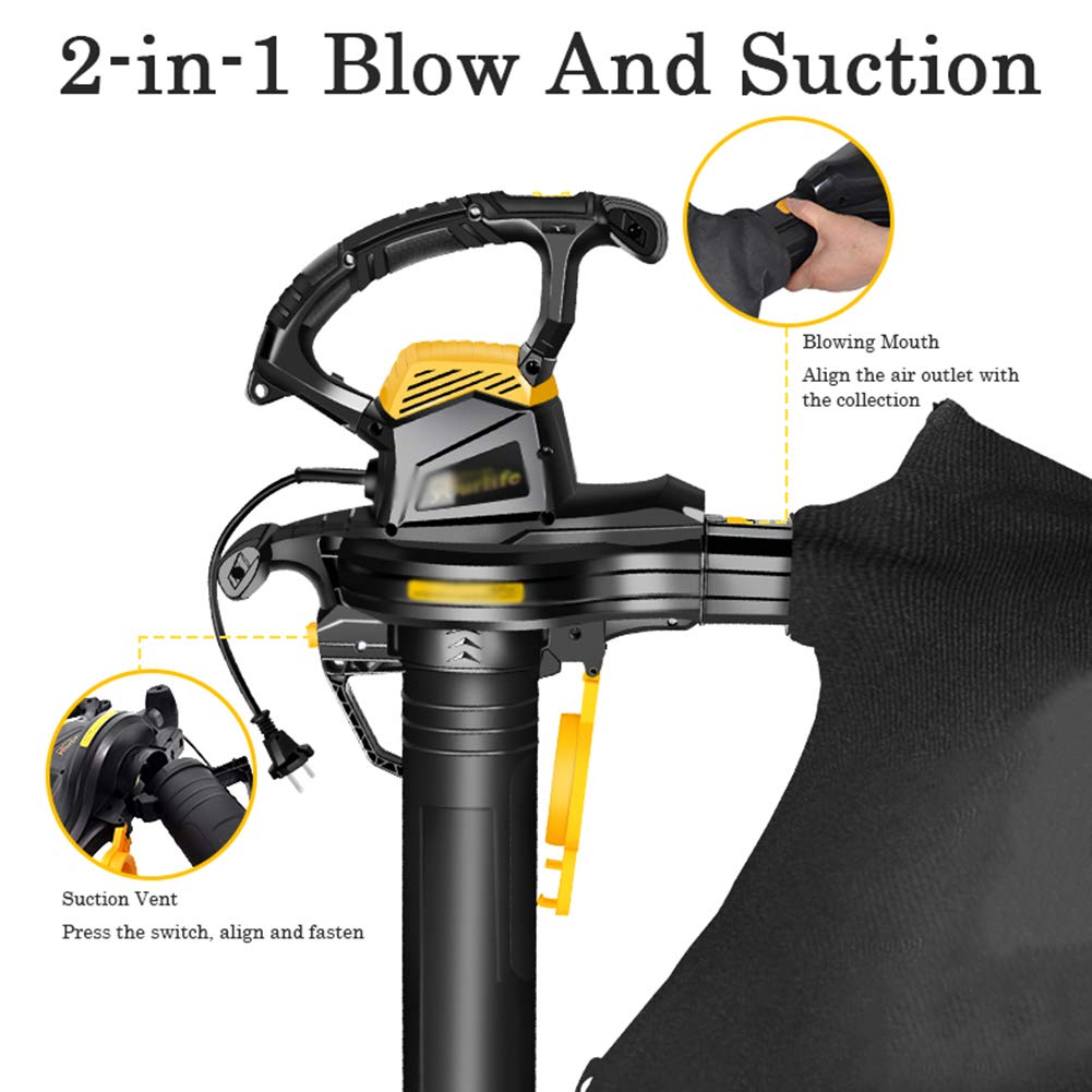 Poderoso Soplador de Hojascon Velocidad Variable,Soplador de Hojas Eléctrico con Cable y Triturador,Soplador/Aspiradora 2 en 1para Garaje Jardín y Patio