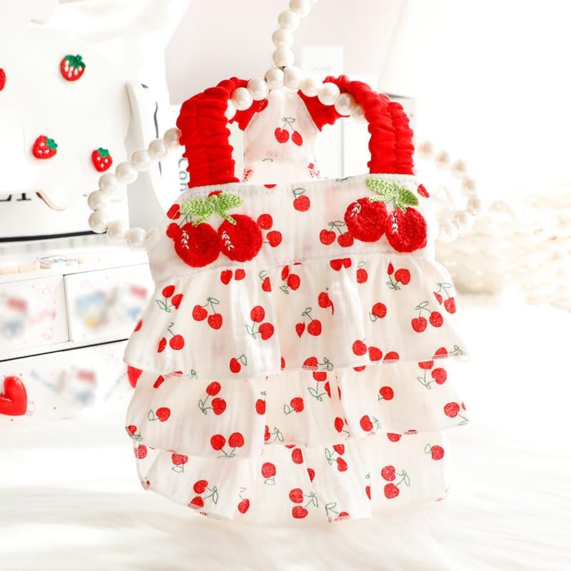 AZA Dog Princess Dresses for Small Dogs Clothes Cherry Costume Pet Suspenders Girl Cat Cute Lace Coat Floral Outfits Summer Costumes (XS,Cherry)