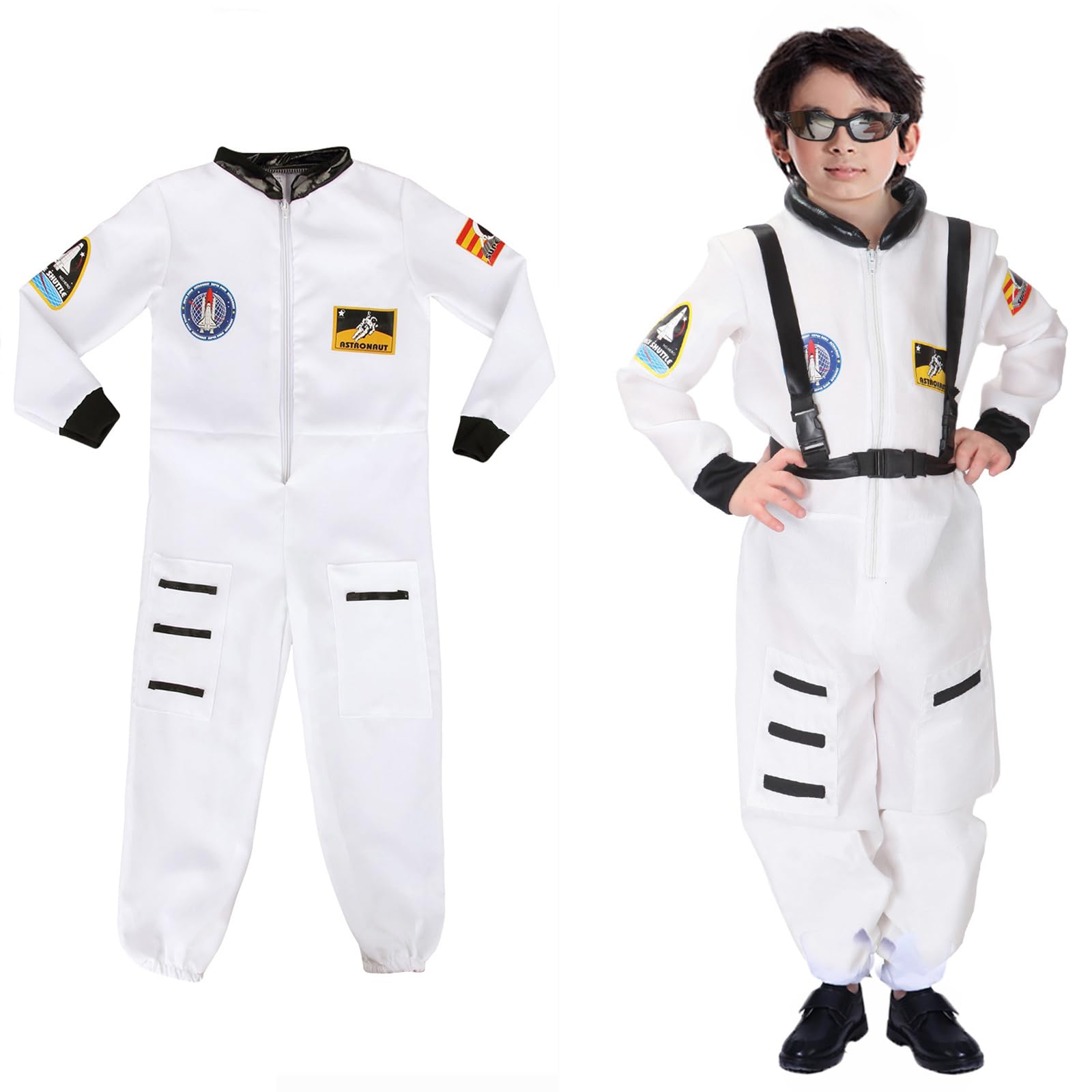 ZJstyle Kids Astronaut Costume Set - Spacesuit Spaceman Jumpsuit - Unisex Kids Fancy Dress Outfit - Halloween Costume (White, L)