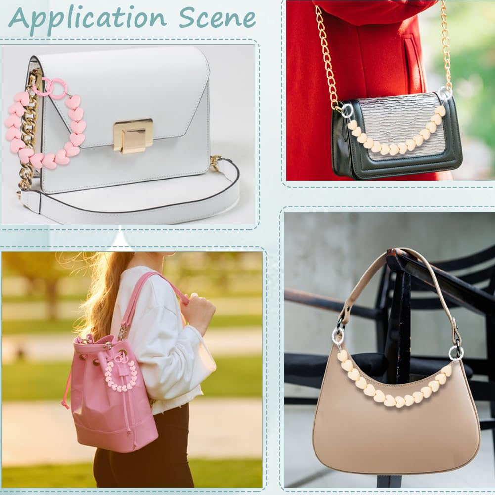 GORGECRAFT 1 Box 2Pcs 2 Colors Heart Chain Bag Charm 27cm Plastic Pink White Hearts Beaded Purse Extender Chain Handbag Short Strap Replacement for Handbags Crossbody Tote Bags Purse Making - Image 4