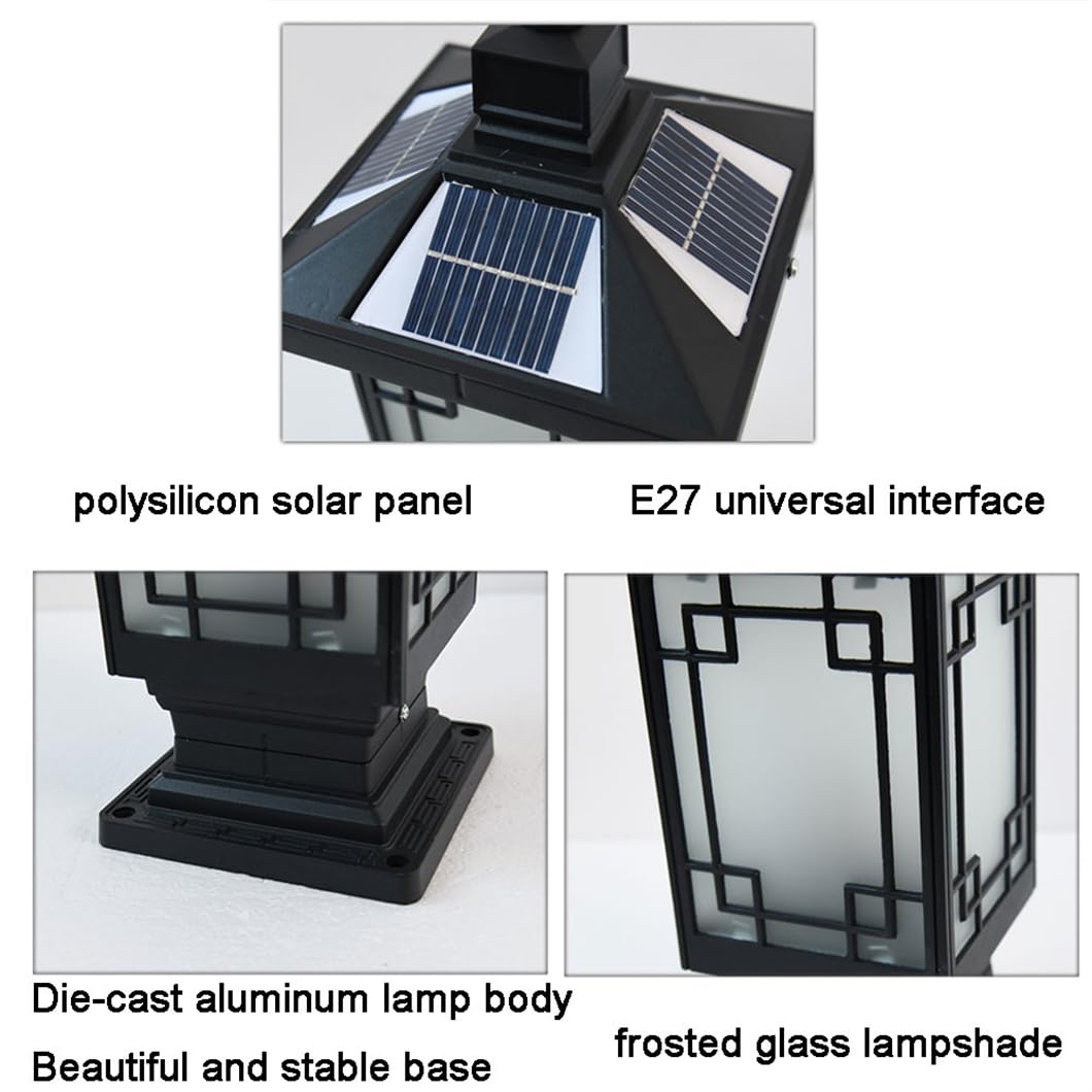 Zewnętrzna lampa solarna LED, lampa słupkowa, 1-pak, odlewana aluminiowa, lampa solarna ze szkłem, na zewnątrz, czarna, zasilana energią słoneczną, słupek ogrodzeniowy, do ogrodu, na słup