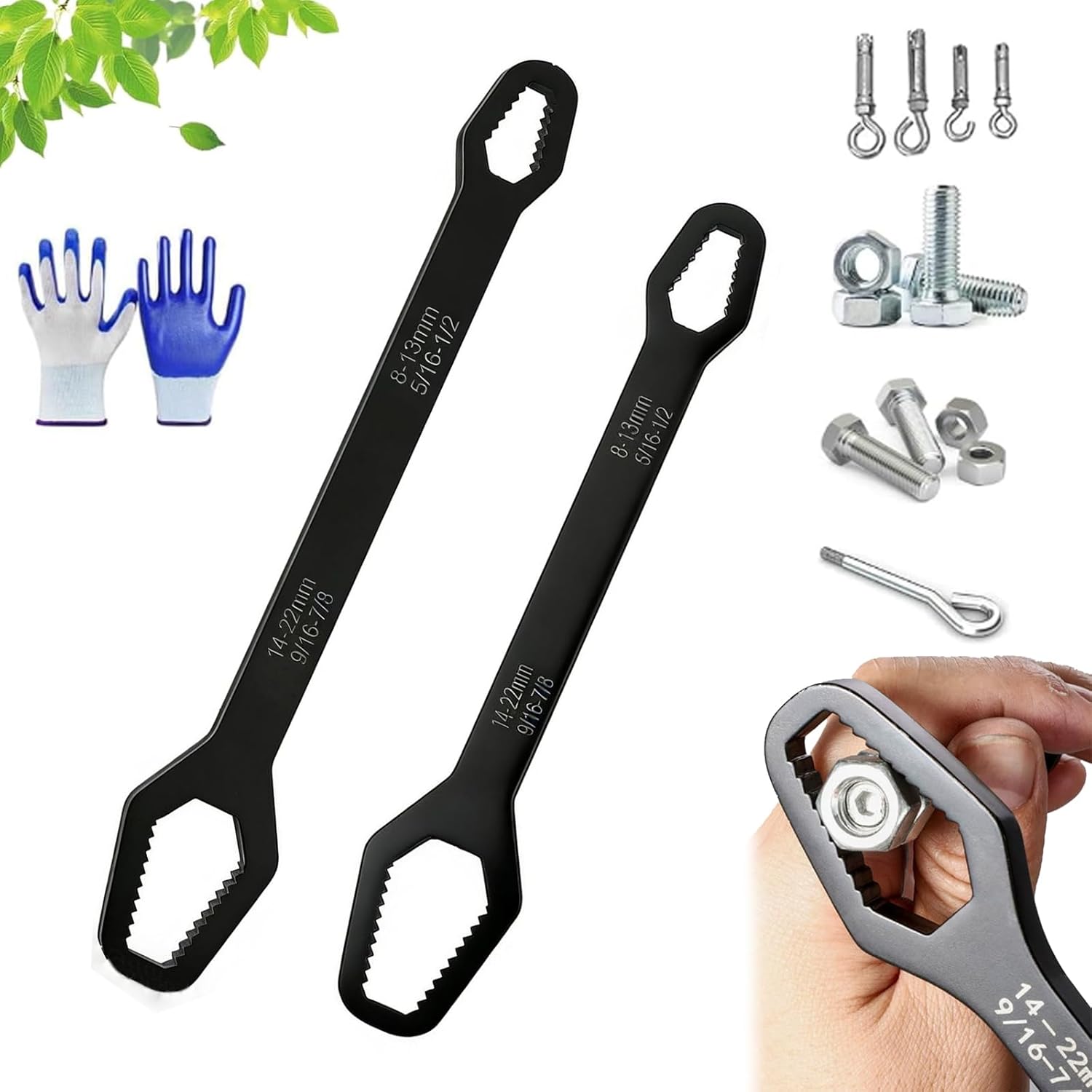 Universal Self Adjusting Wrench Double Ended Torx Wrench Multi Size 3-17mm/ 8-24mm, Heavy Duty CR-V Steel Adjustable Spanner for Auto Repair, Bike, Home Maintenance Tool (Black, 1 Set)