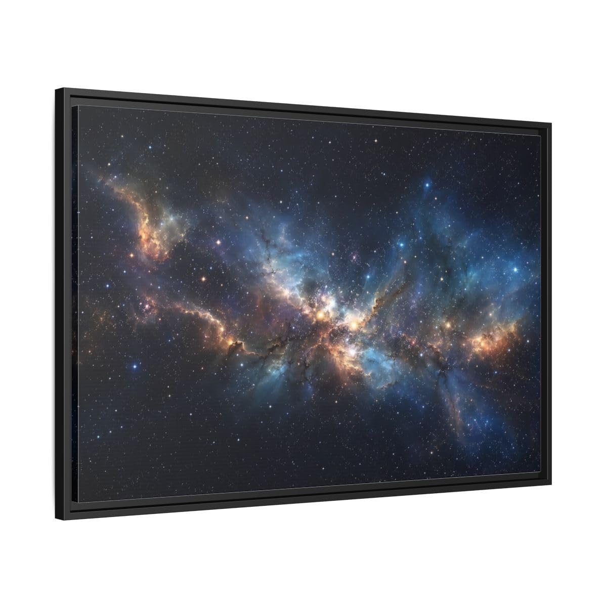 Science Fiction Nebula Blue And Orange Framed Canvas Wall Art Print – Modern Living Room Above Console Table 36×24 inch (90×60 cm) - Horizontal/Black / 1.25 inch (3 cm)
