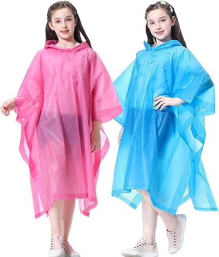 Rain Poncho for Kids (2 Pack), Reusable EVA Children Raincoat Ponchos Rain Jacket with Hood for 6-14 Girls Boys