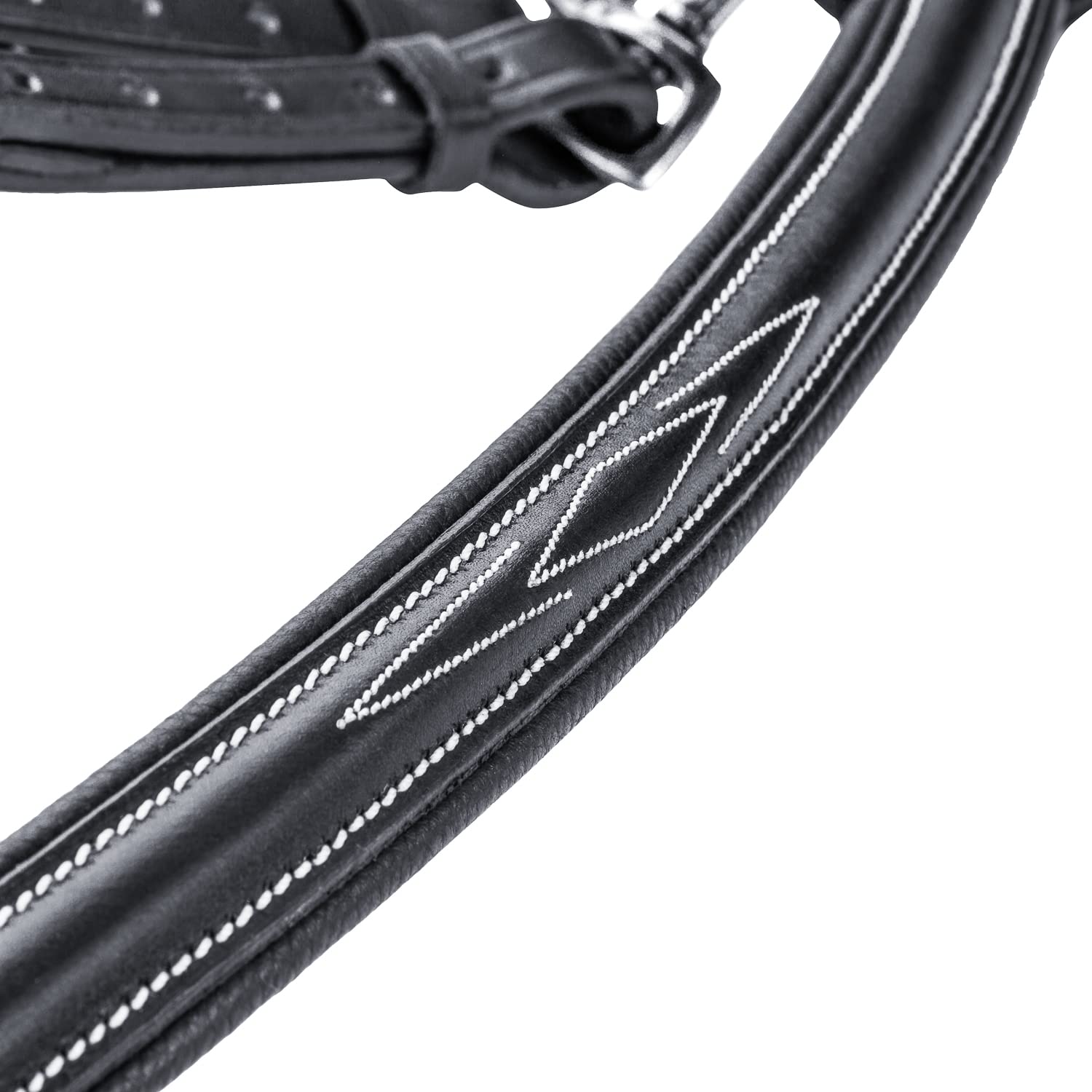 SUNRIDE Pettorale Cavallo in Pelle con martingala (Windsor) – attacco a 3-punti – forchetta martingala rimovibile – inserti elastici – regolabile (Full, Negro)