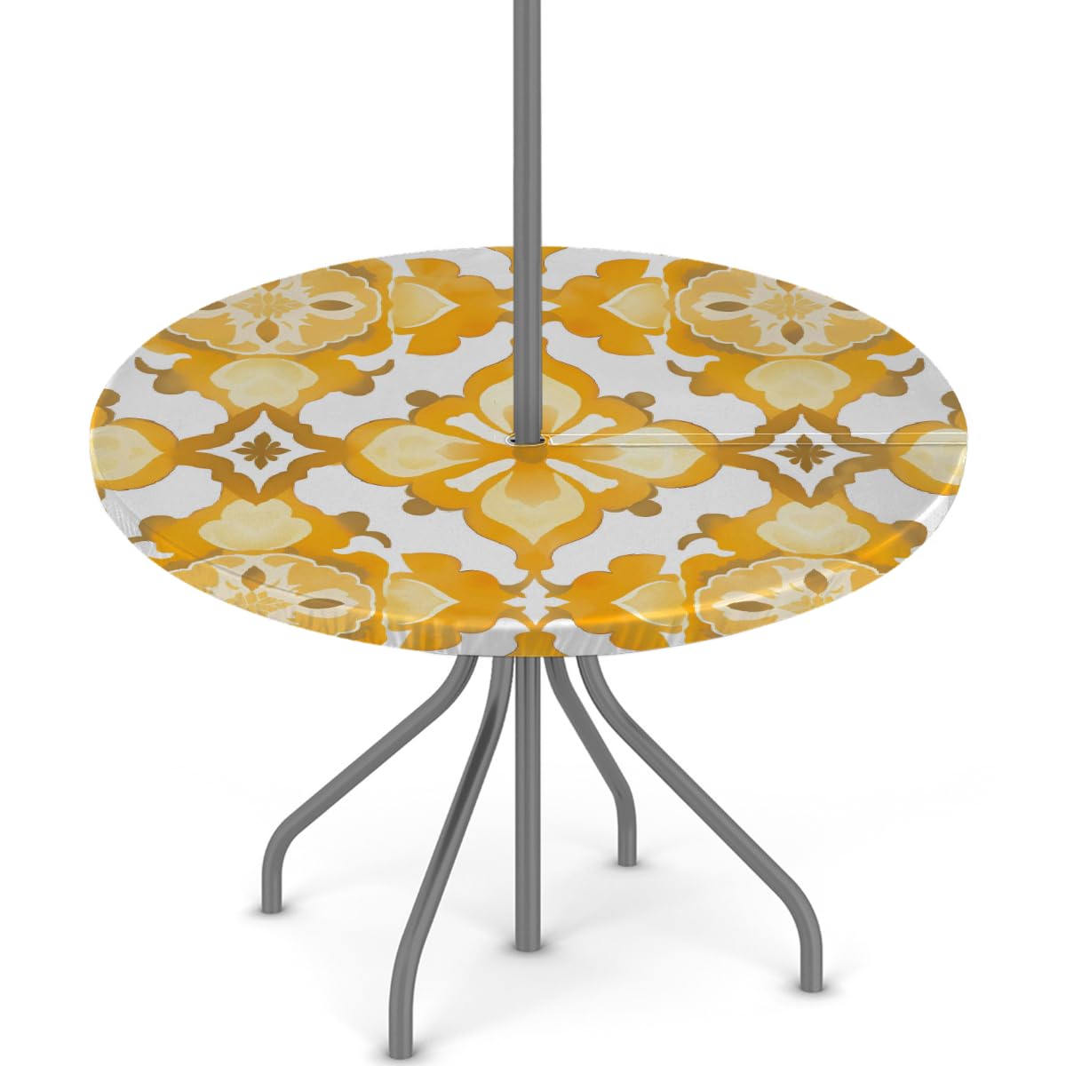 Yellow Moroccan Tile Round Outdoor Tablecloth with Umbrella Hole, Elastic Edge Table Cover Waterproof Table Cloth with Zipper for Patio Picnic Party, 36"-44"