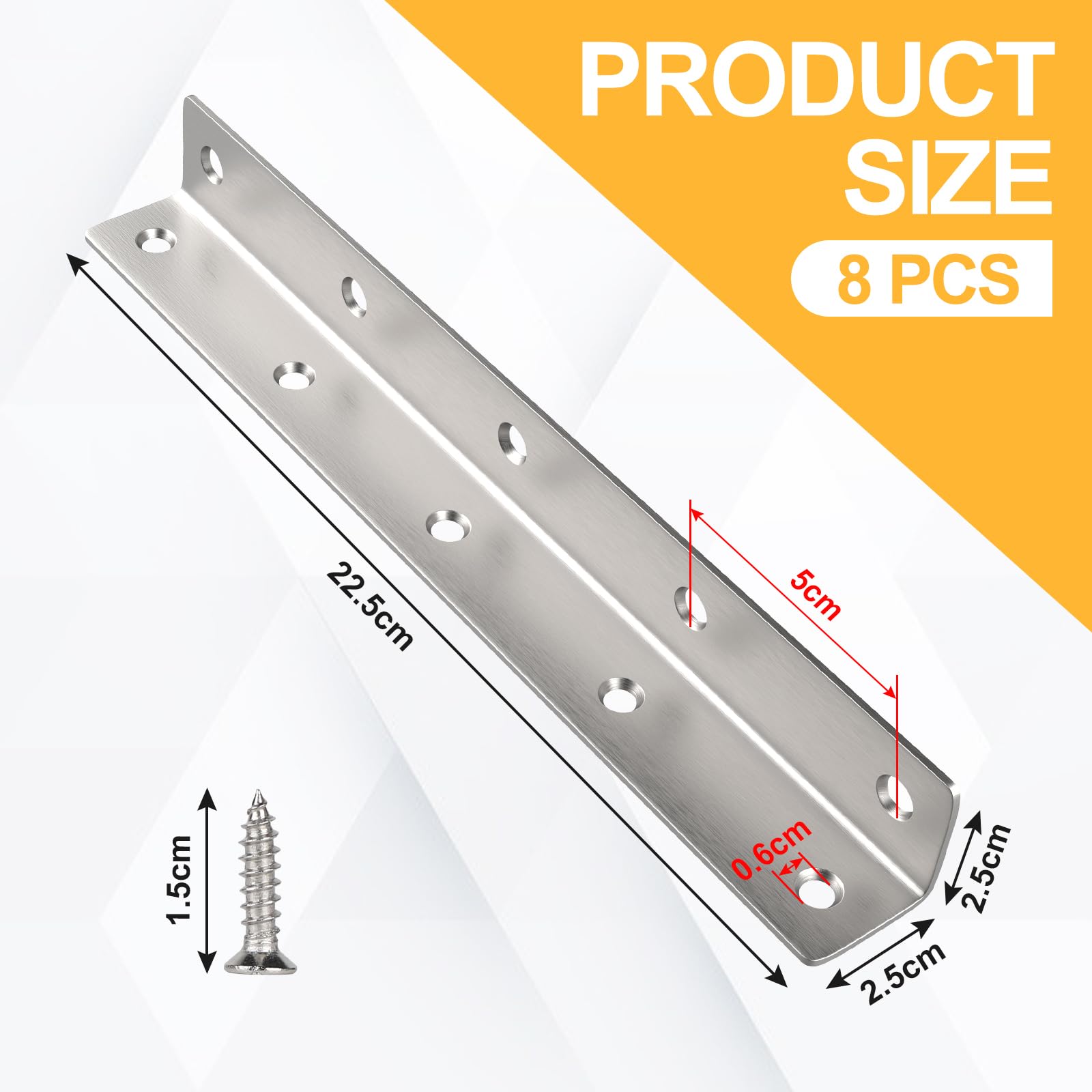8 Piezas Conector Angular en L, Soporte de Esquina 90 Grados de Acero Inoxidable Plata 225 x 27 x 27MM para Reforzamientos, Reparaciones, Mobiliario