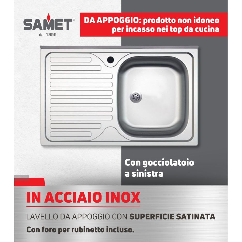 Lavello appoggio acciaio inox 80x50 cm una vasca e gocciolatoio sinistro SA216