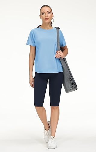 Miniatura 6 de THE GYM PEOPLE Camisetas de entrenamiento de manga corta para mujer, camisetas de yoga transpirables con aberturas laterales