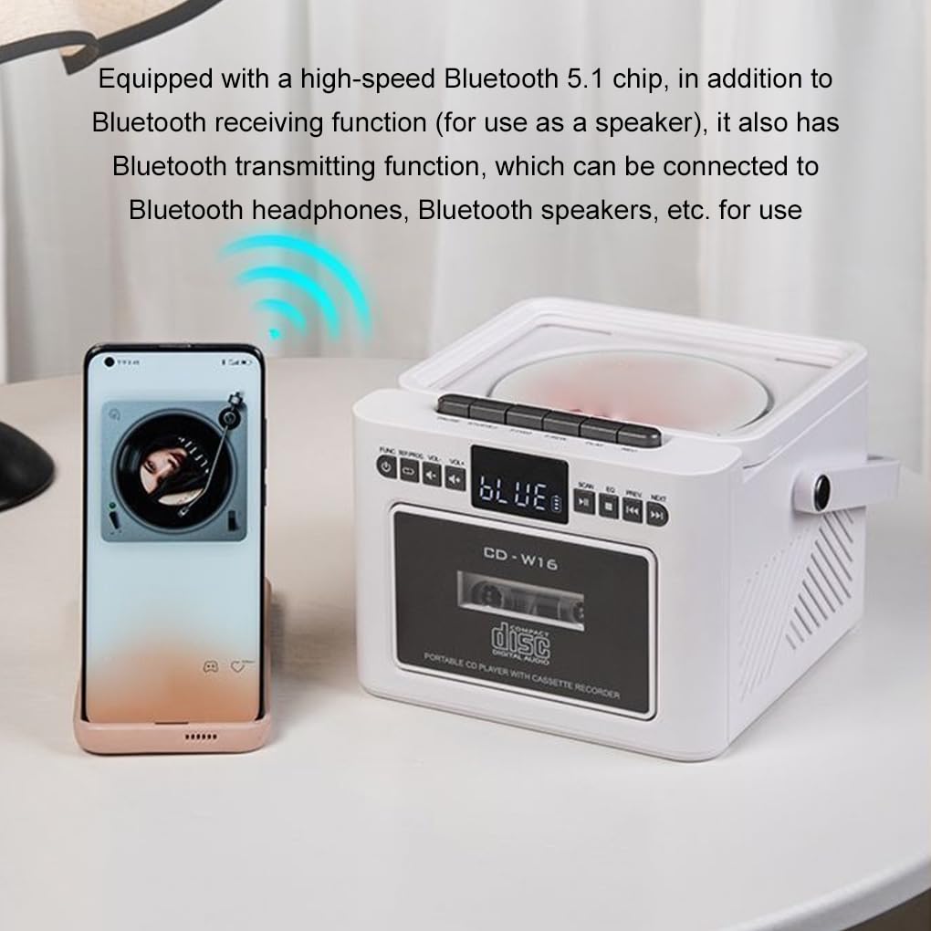 Lettore CD con altoparlante Bluetooth bidirezionale, suono HIFI, schede TF, modalità unità USB, batteria a lunga durata, modalità nastro ABS, bianco, Ha la funzione nastro