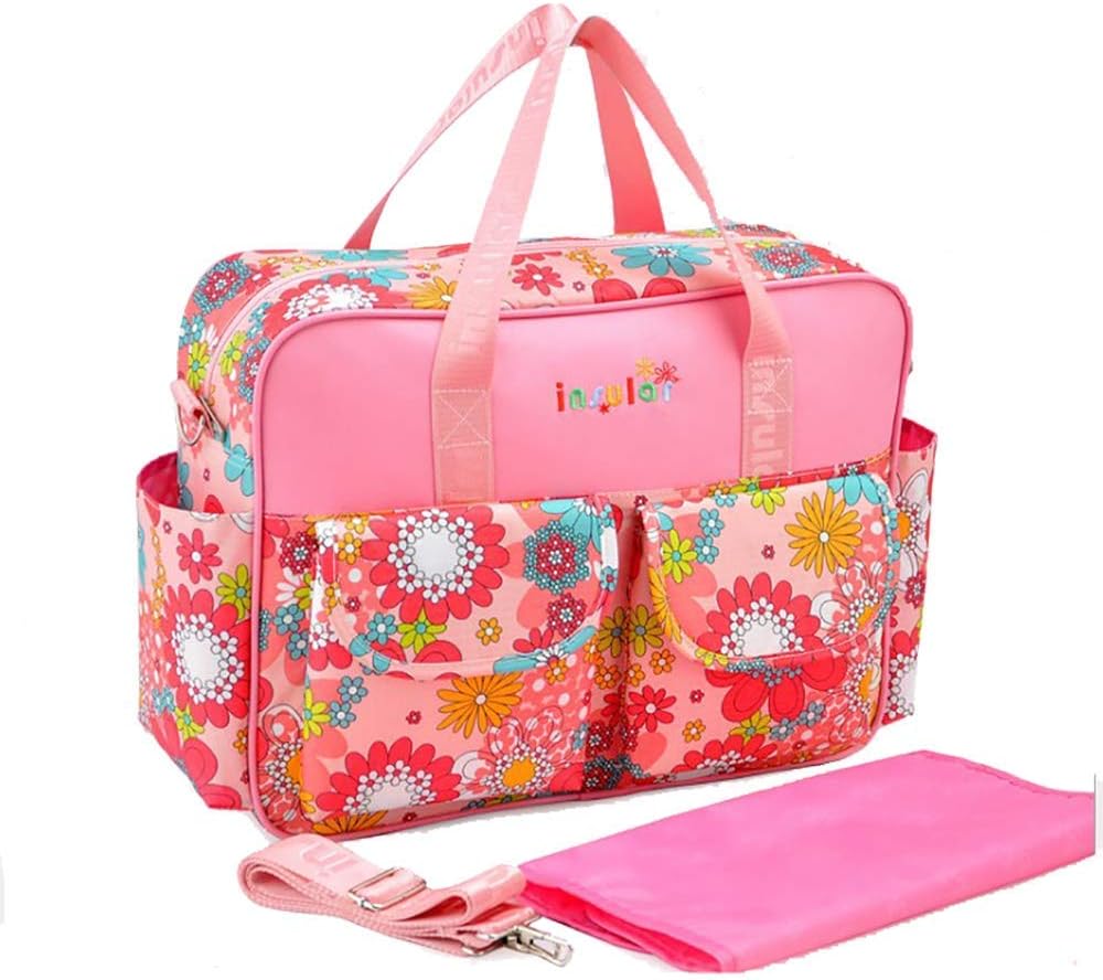 Diaper Bag Women Tote Bag Nylon Nappy Bag Durable Shoulder Bag Pregnant Handle Bag (Pink Flower)