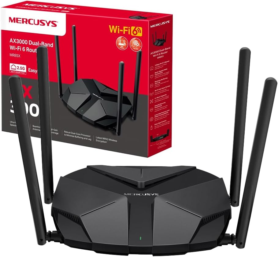 Mercusys TP-Link MR85X Router WiFi 6 AX3000Mbps Dual-Band, 2,5 Gbps Porta WAN, 3 Porte LAN Gigabit, 4 Antenne Omnidirezionali Fisse, WPA3, Modalità A