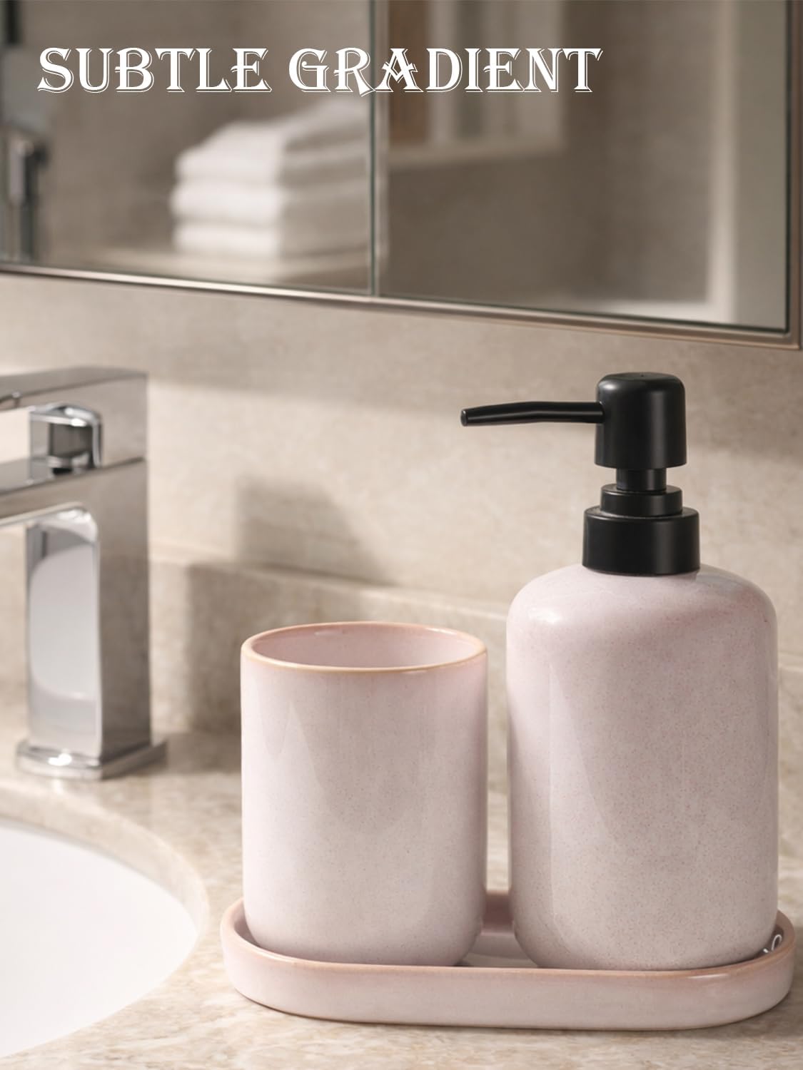 Ceramic Bathroom Accessories Set, Light Pink Glossy Soap Dispenser 15.5oz & Toothbrush Holder 10.6oz with Tray, Modern Countertop Set for Bathroom, Vanity, Kitchen Sink
