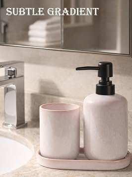 Ceramic Bathroom Accessories Set, Light Pink Glossy Soap Dispenser | 15.5oz & Toothbrush Holder 10.6oz with Tray, Modern Countertop Set for Bathroom, Vanity, Kitchen Sink