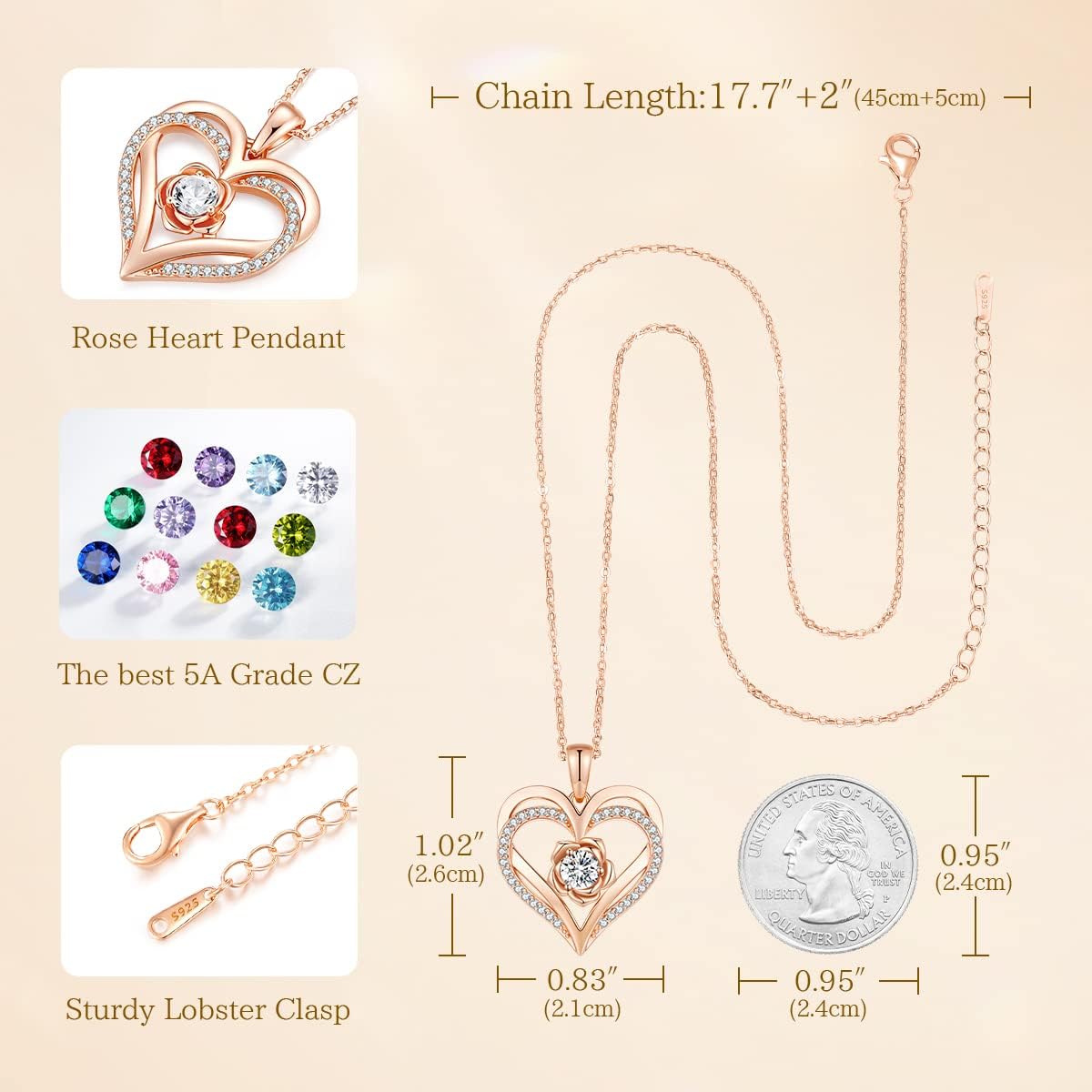 CDE Valentines Day Gifts for Women S925 Silver Rose Gold Heart Birthstone Necklaces for Women,Ideal Anniversary or Birthday Jewelry Gifts for Wife Girlfriend Her - Image 5