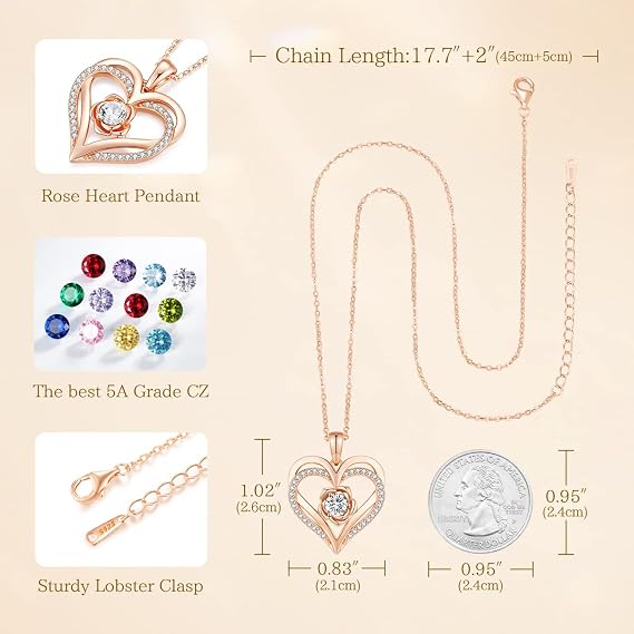 CDE Women's Rose Gold Heart Necklace Sterling Silver 925 Birthstone for Women Mum with Pendant Jewellery Valentine's Day Mother's Day Birthday Christmas