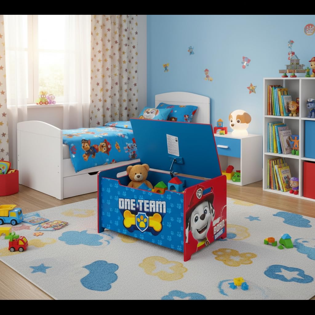 ARDITEX - Banco juguetero de madera de La Patrulla Canina (de Nickelodeon) - 62.5x40x37cm - Color azul - Ideal para almacenar juguetes, ropa o cosas en un dormitorio infantil