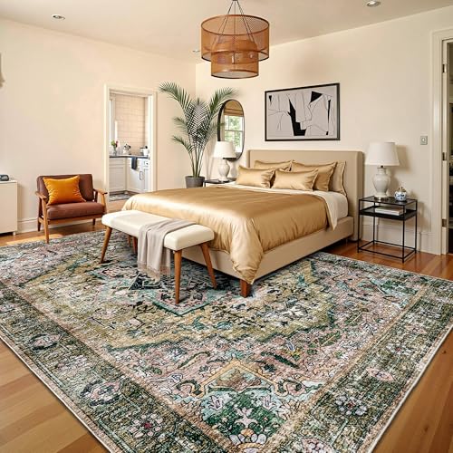 Image of AMERLIFE 8'x10' Area Rug, Machine Washable Vintage Area Rug- Soft Carpet with Non-Slip Backing for Living Room, Bedroom, Hallway- Green
