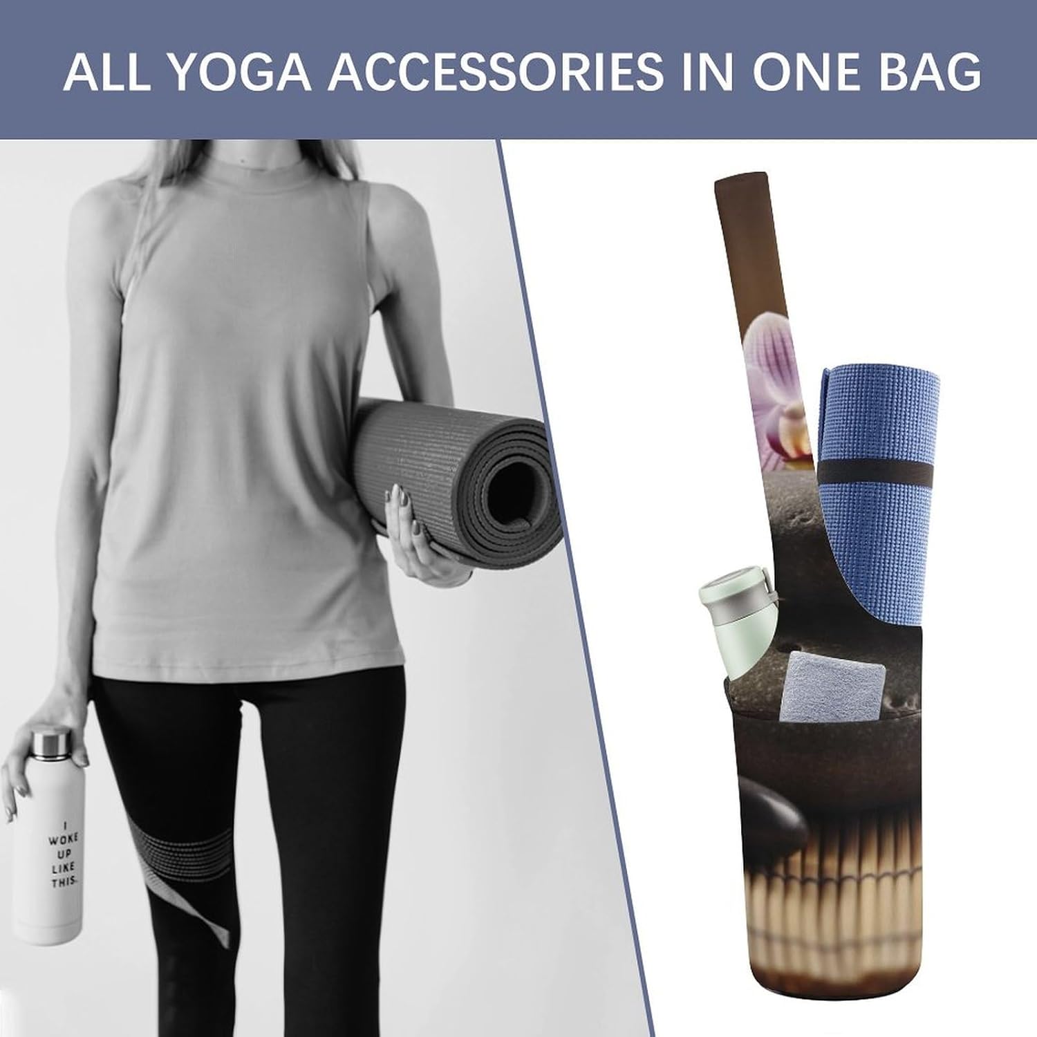 Canvas Yoga Bag,Zen Stone Printed Yoga Mat Handbag,Portable Yoga Mat Bag Large Capacity Gym Bag for Men Women Pilates Beach Travel