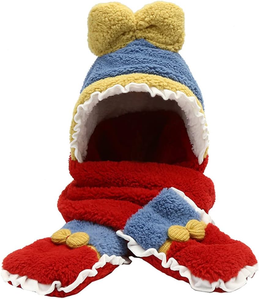 Scarf,Scarf Plush Scarf Hooded Hat Bows Winter Hat Scarf Gloves Set Fleece Warm Windproof Cap for Head Warmer Fleece Scarf(Red)