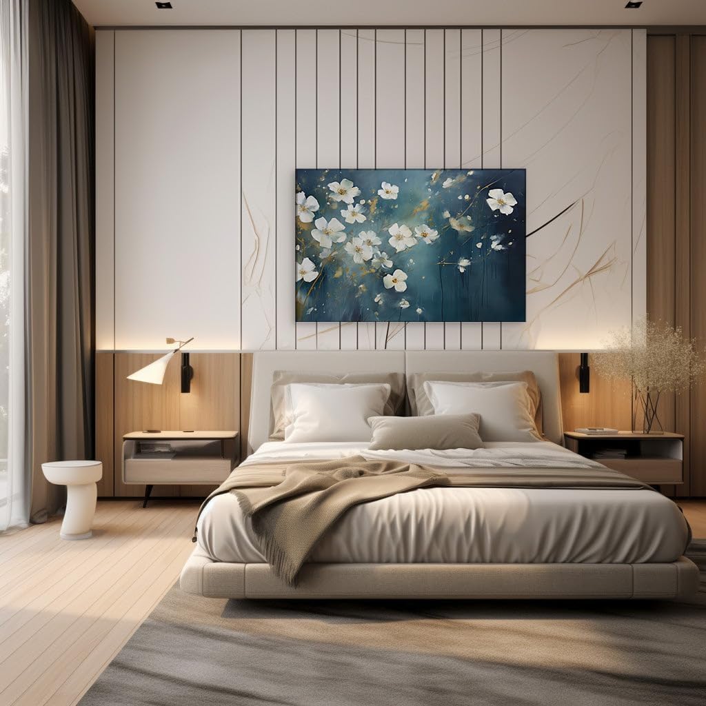 Canvas for Living room. Whispers of White Floral Elegance in a Sea of Blue and Green Hues With a Touch of Gold, 27 x 18 inch Canvas Wall Art - Ready to Hang - 69x46 cm (27x18 inch)