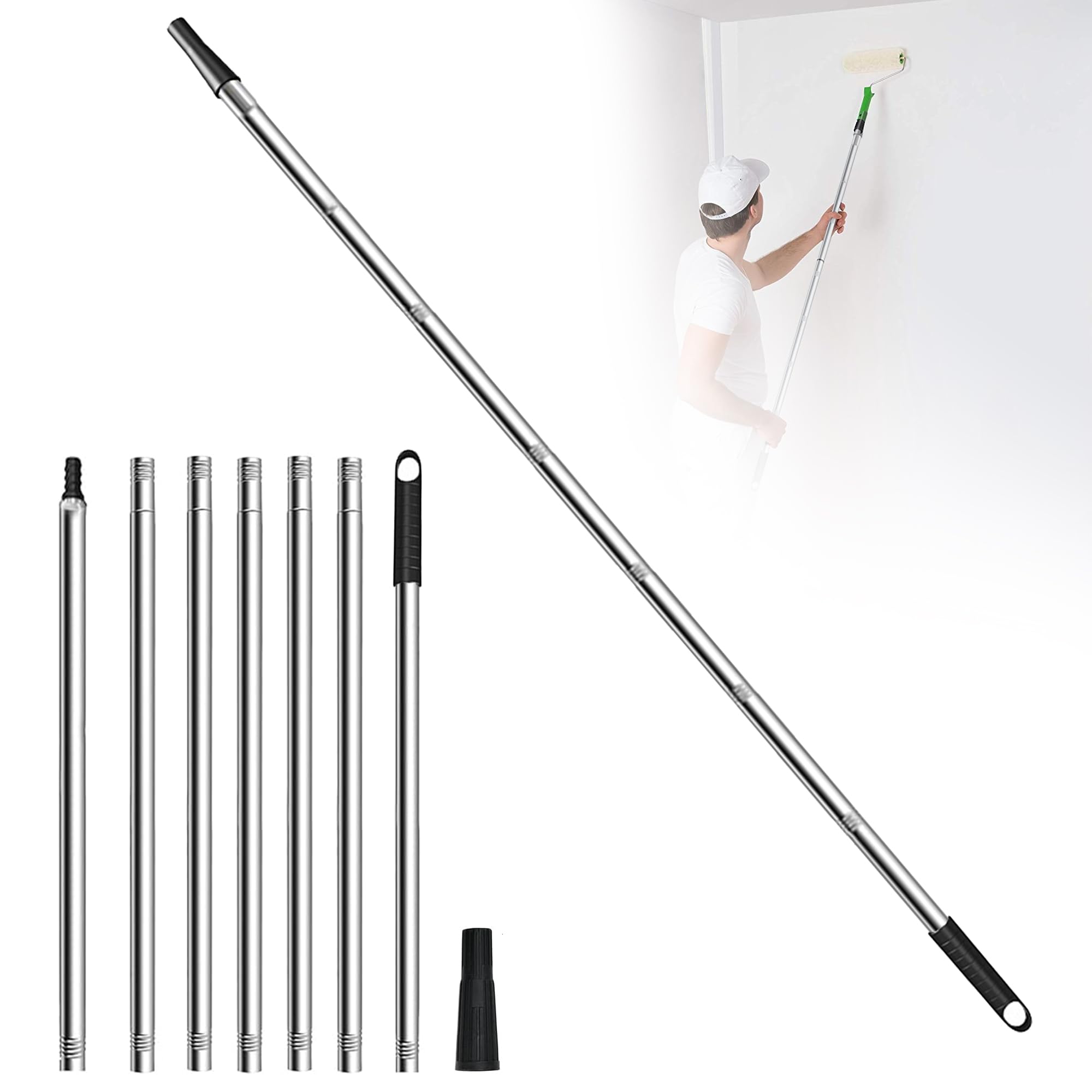 Yozaiuui Silver Paint Roller Extension Pole 2.4M: 6-Segment Stainless Steel Telescopic Pole (80–240Cm) Extension Poles With Tapered Adapter For Painting And Cleaning Tools