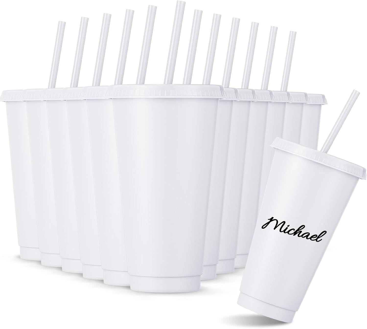 Amyhill 12 Pcs Reusable Cups with Lids and Straws 24 oz Plastic Tumbler Iced Coffee Cup Travel Mug for Smoothie Juices Birthdays Sleepover Party Supplies for Girls (White)