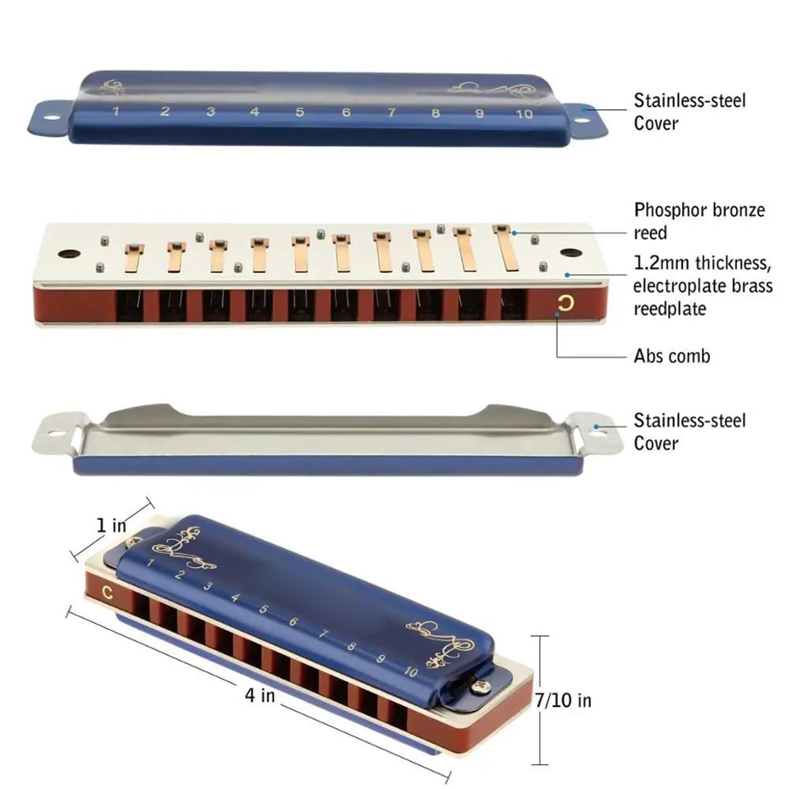 Armoniche a bocca Armonica A Bocca 10 Fori 20 Toni Diatonica Blues Armonica A Bocca Con Custodia Di Prima Qualità Per Giocatore Principiante Regalo(EB Tone)